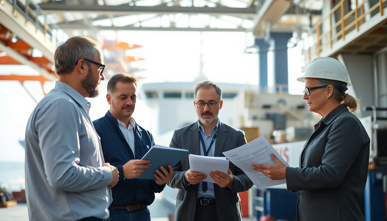 ISM Audit process showcased with auditors reviewing safety management documentation in maritime settings.