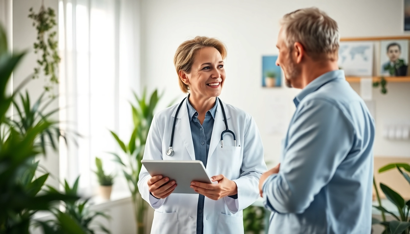 YourGP offers a friendly health consultation between a doctor and patient in a welcoming office.