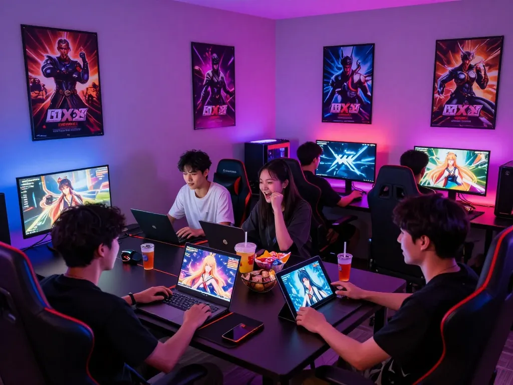 Group of gamers enjoying an xxx game in a vibrant digital gaming room with LED lights.