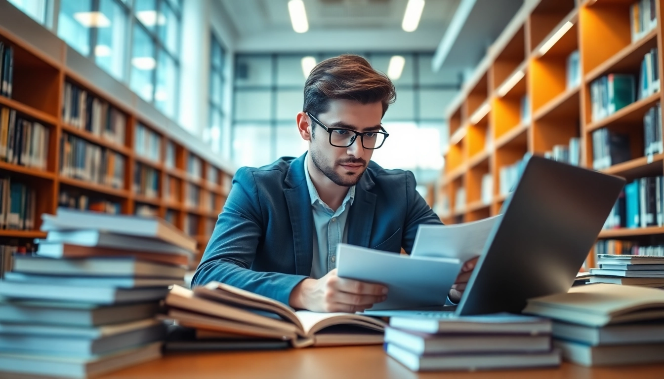 Engaged student seeking exam help in a cozy library, focusing on study materials.