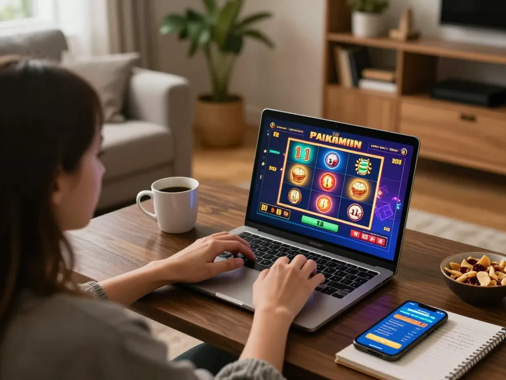 Engaged player exploring MB66 online casino platform on laptop, showcasing an exciting gaming experience.