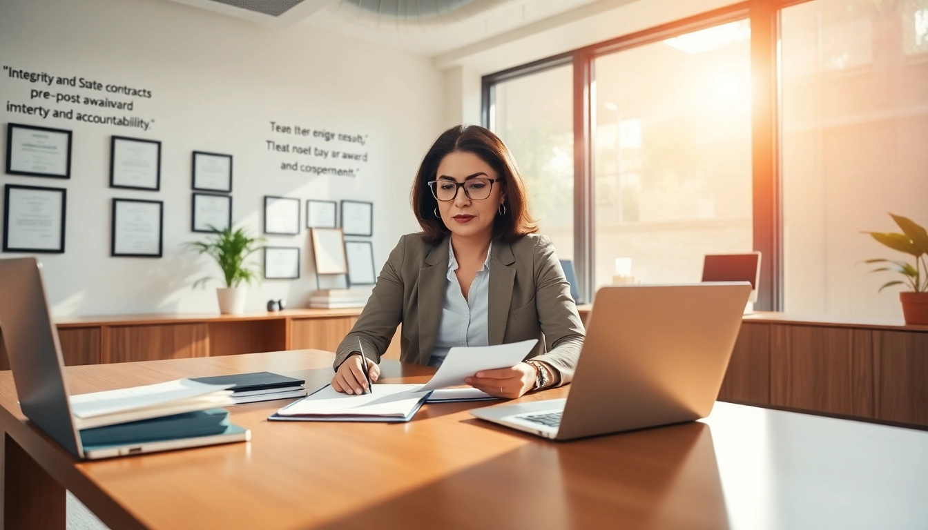 Analyze Federal and State contracts pre-post award compliance with a consultant in a bright modern office.