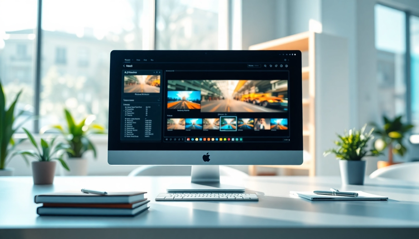 Showcasing an AI video generator with creative digital features in a professional workspace.