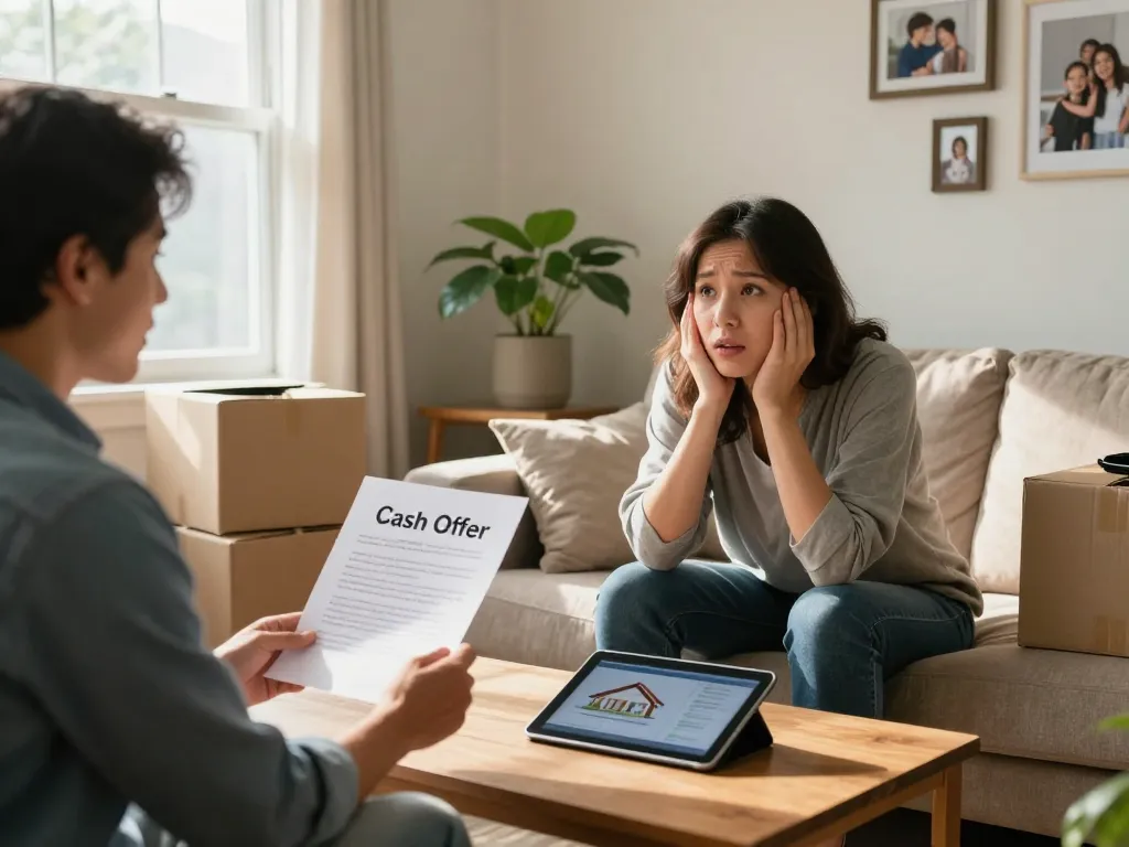 We buy houses for cash in a cozy living room with a friendly buyer and hopeful homeowner discussing offers.