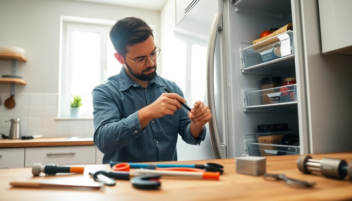 Expert performing refrigerator repair near me in a modern kitchen, emphasizing reliability in service.