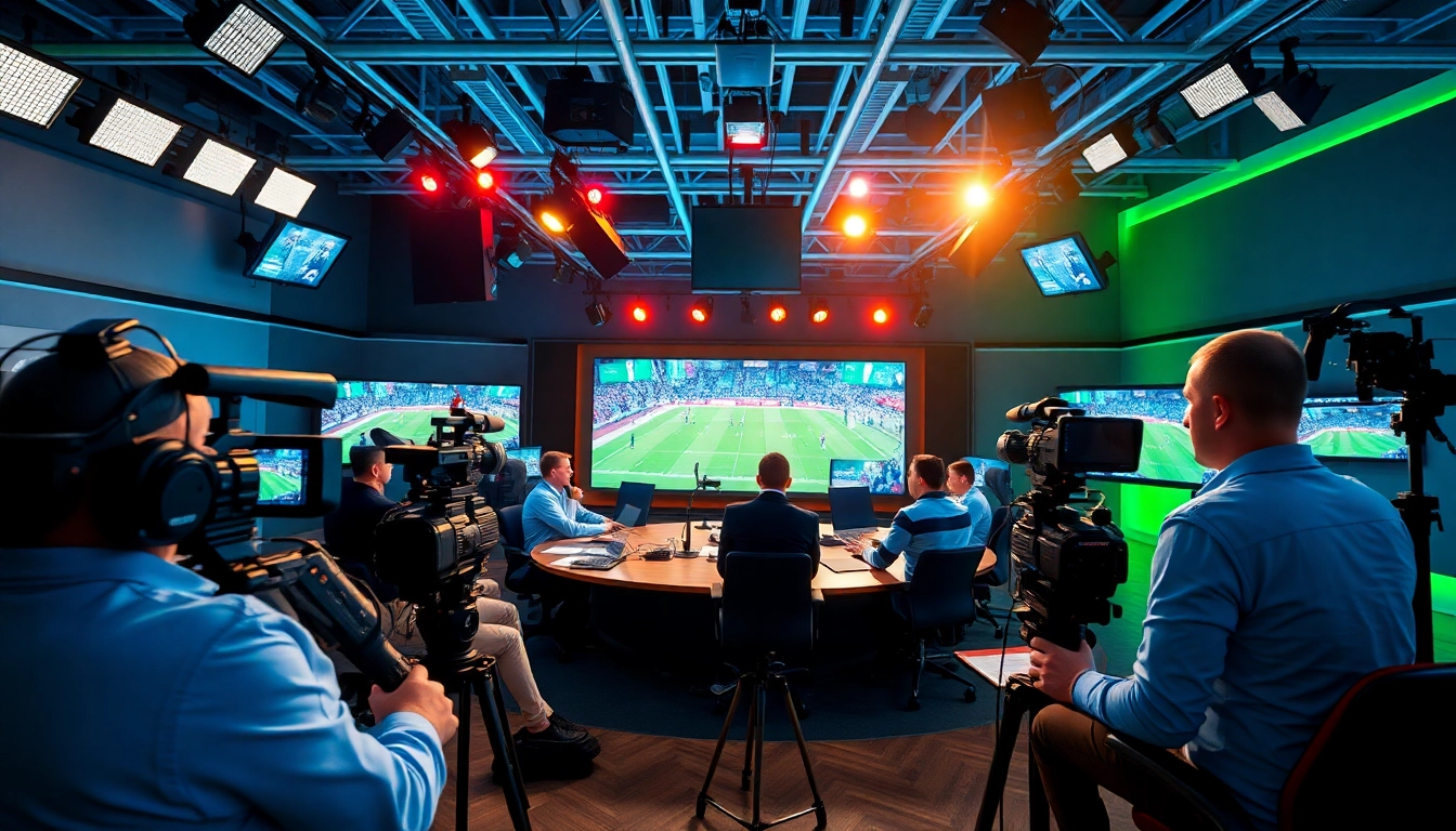 Broadcasting sports professionals engaging with equipment during a live sports event broadcast.
