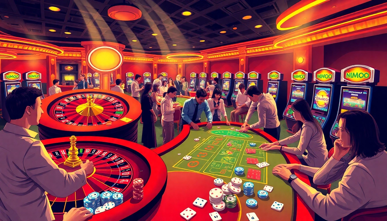 Players enjoying a thrilling MMOO casino experience with vibrant chips and roulette action.
