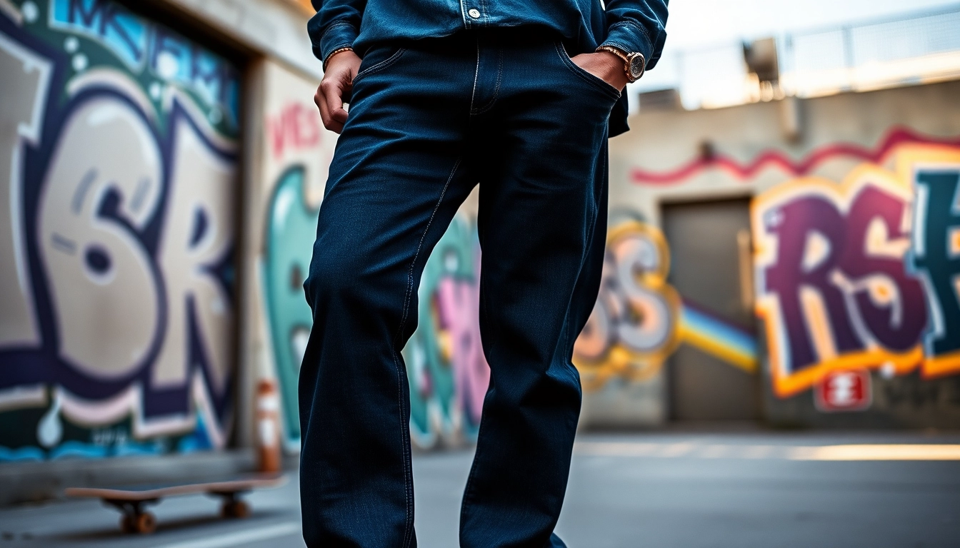 Model confidently showcases baggy black jeans against urban backdrop.