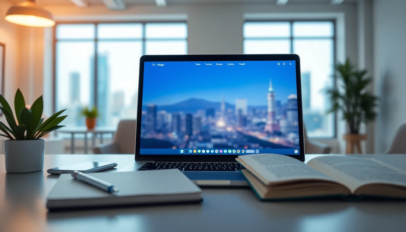 Visit https://uu88.how/ to see a professional laptop setup in a modern office environment.