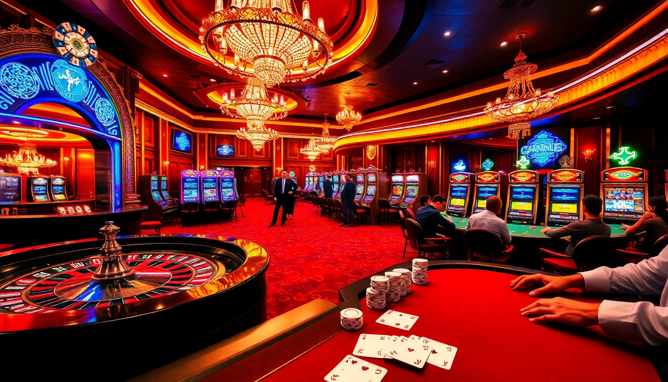 Joueurs engagés dans un jeu palpitant dans un luxueux casino en ligne, mettant en avant des jetons de poker et des cartes.