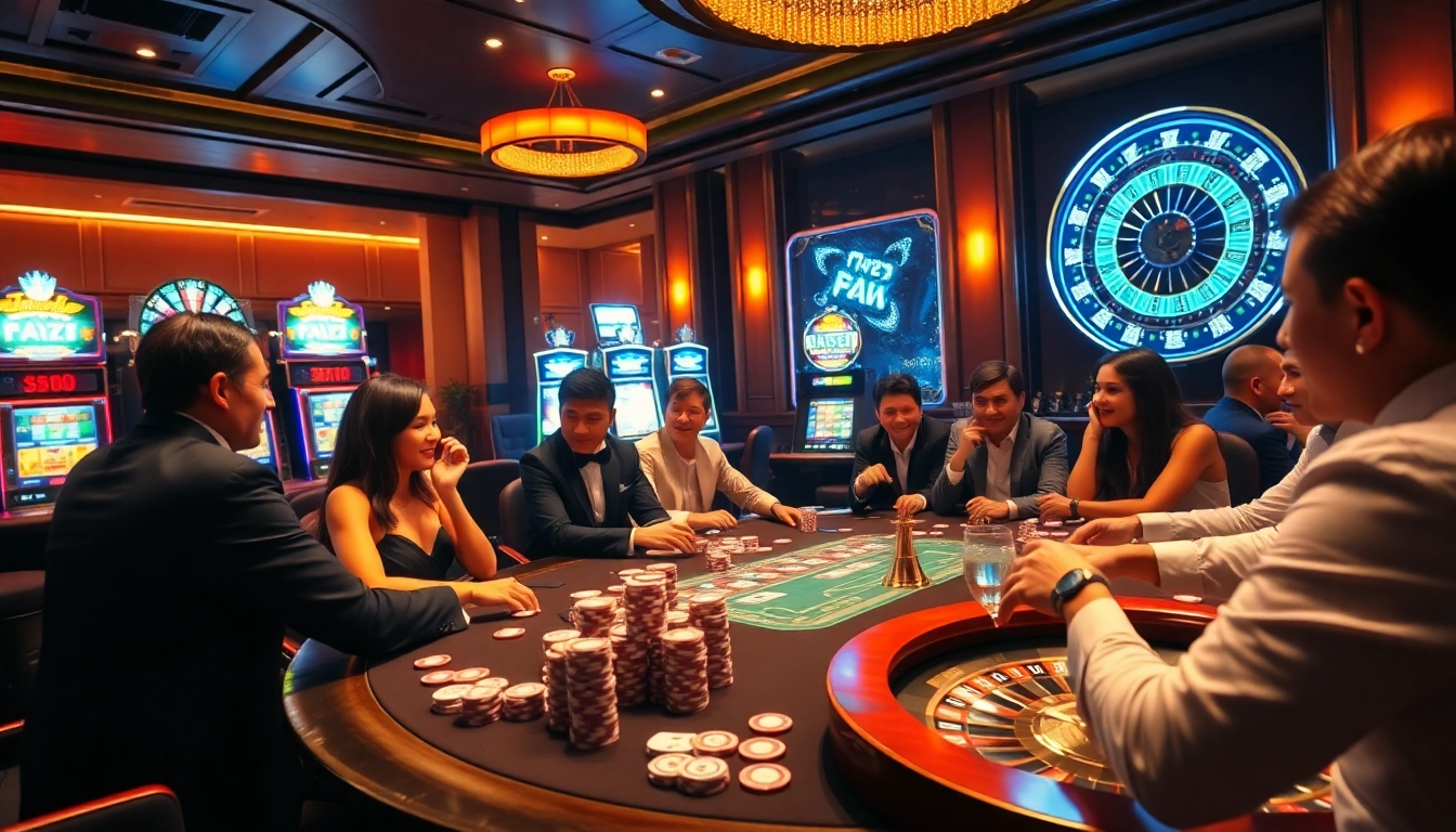Experience thrilling gameplay at Fun 88 with vibrant casino tables and lively gamblers.