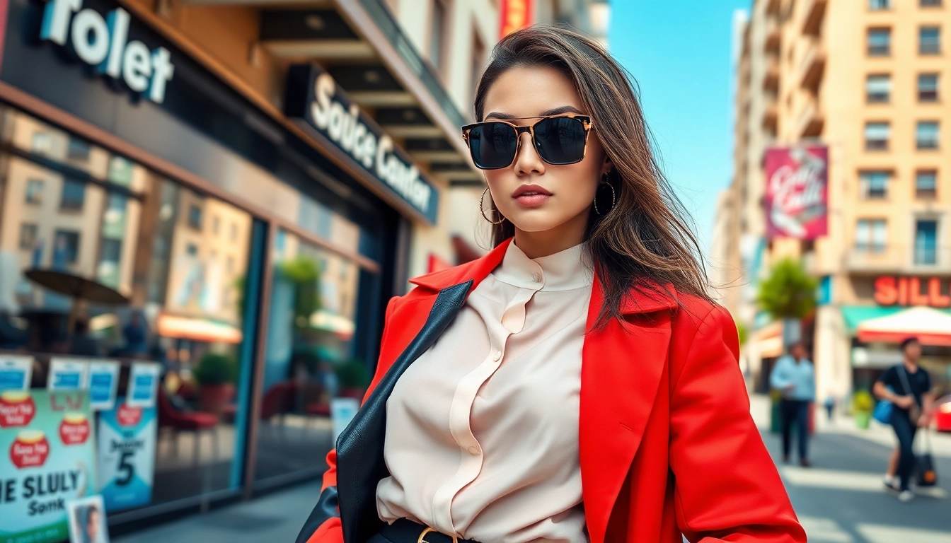 Fashion-forward model showcases urban chic outfit against city backdrop.