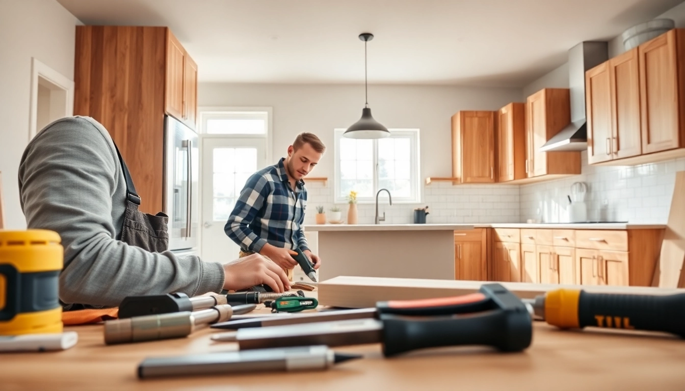 Showcase home renovation with a contractor transforming a kitchen with modern finishes.