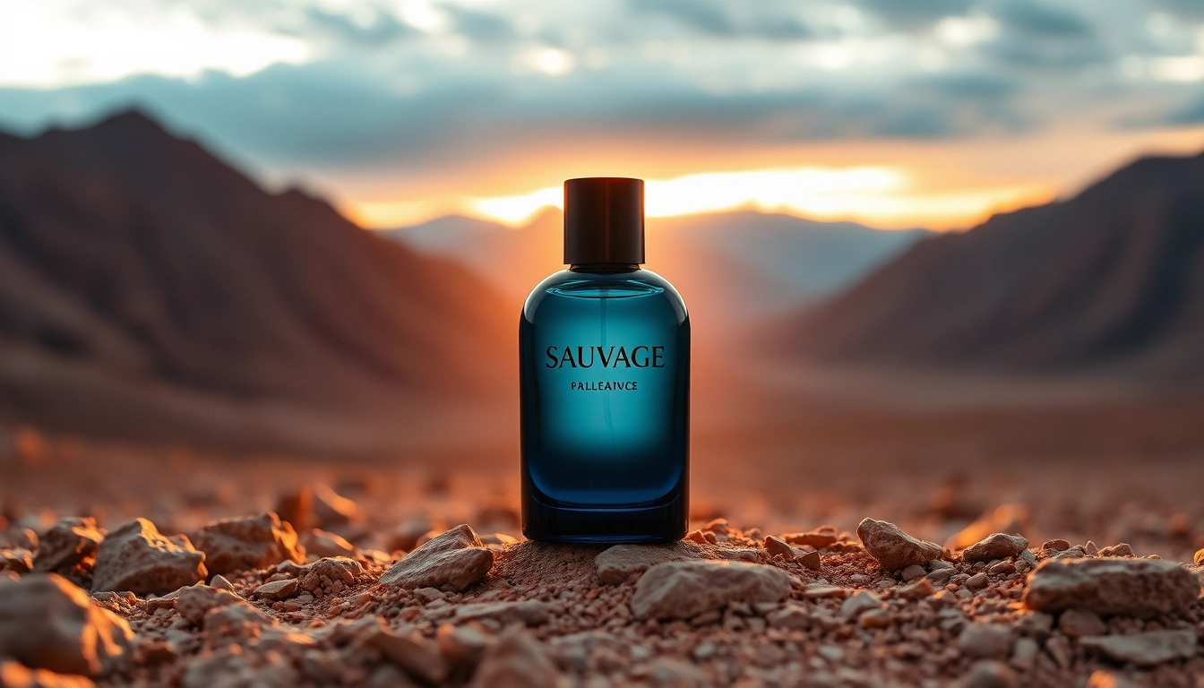 Sauvage perfume bottle against a rocky landscape at sunset, showcasing elegance and adventure.