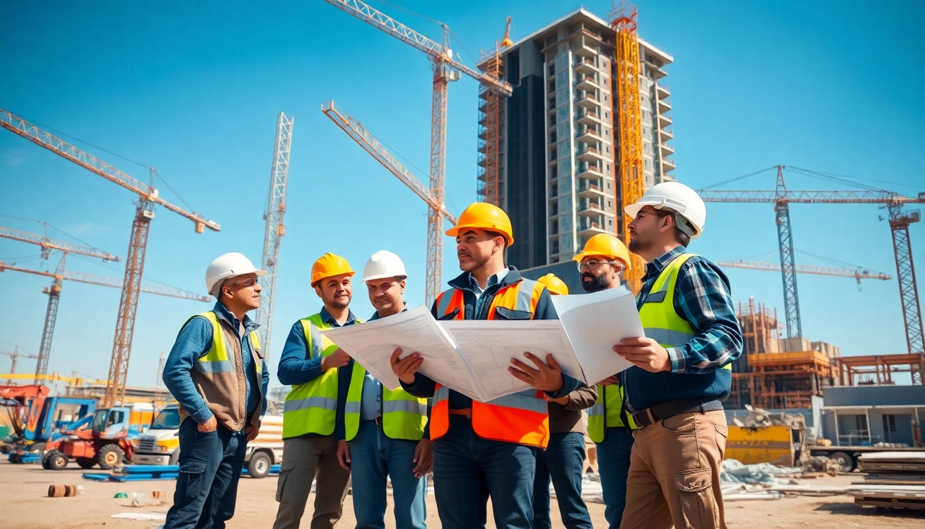 Construction association professionals collaborating on a busy construction site.