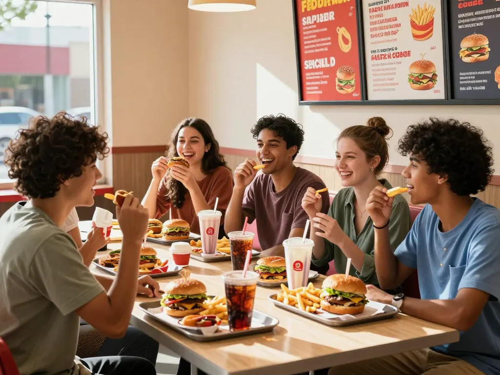 Exciting fast food menu experience with friends enjoying burgers and fries in a lively restaurant.