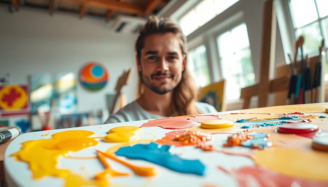 Learn painting techniques from https://acrylicpedia.com highlighting a lively artist in action.