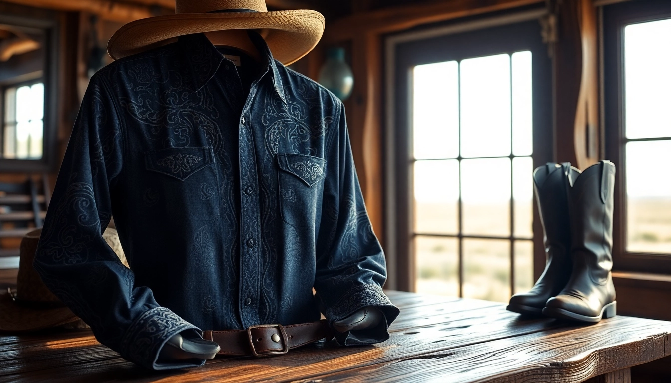 Discover cowboy shirts Canada with a close-up of a stylish, rugged shirt displayed on rustic table.