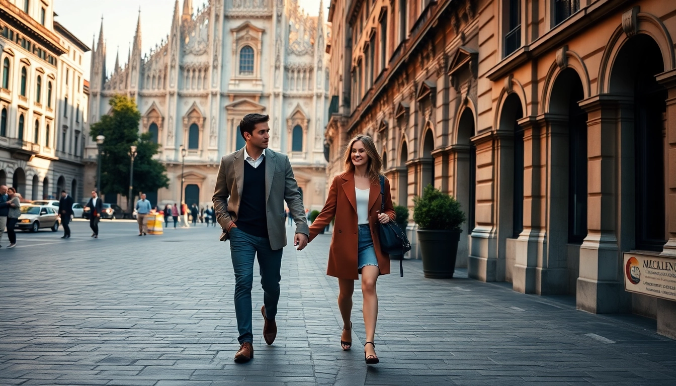 Fotografo Milano cattura coppia elegante in strada con architettura storica sullo sfondo.