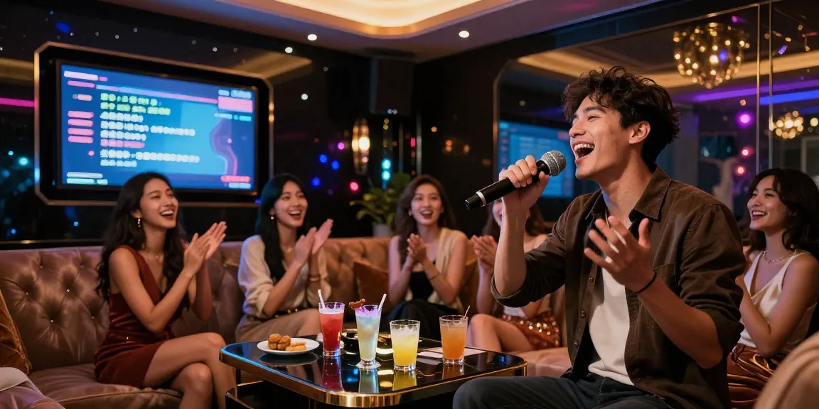 강남 가라오케에서 친구들과 함께 즐거운 시간을 보내는 모습의 고급스러운 노래방 풍경