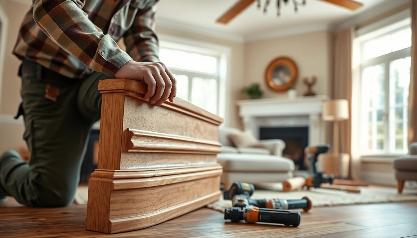 Transforming spaces with precision trim work installation in a cozy living room.