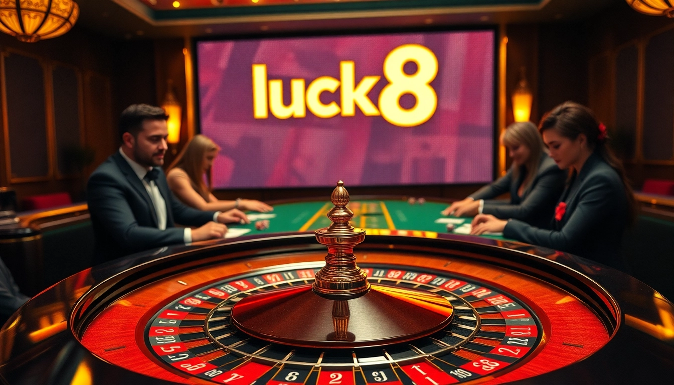 Excited poker players enjoying the thrill of luck8 at a vibrant casino table.