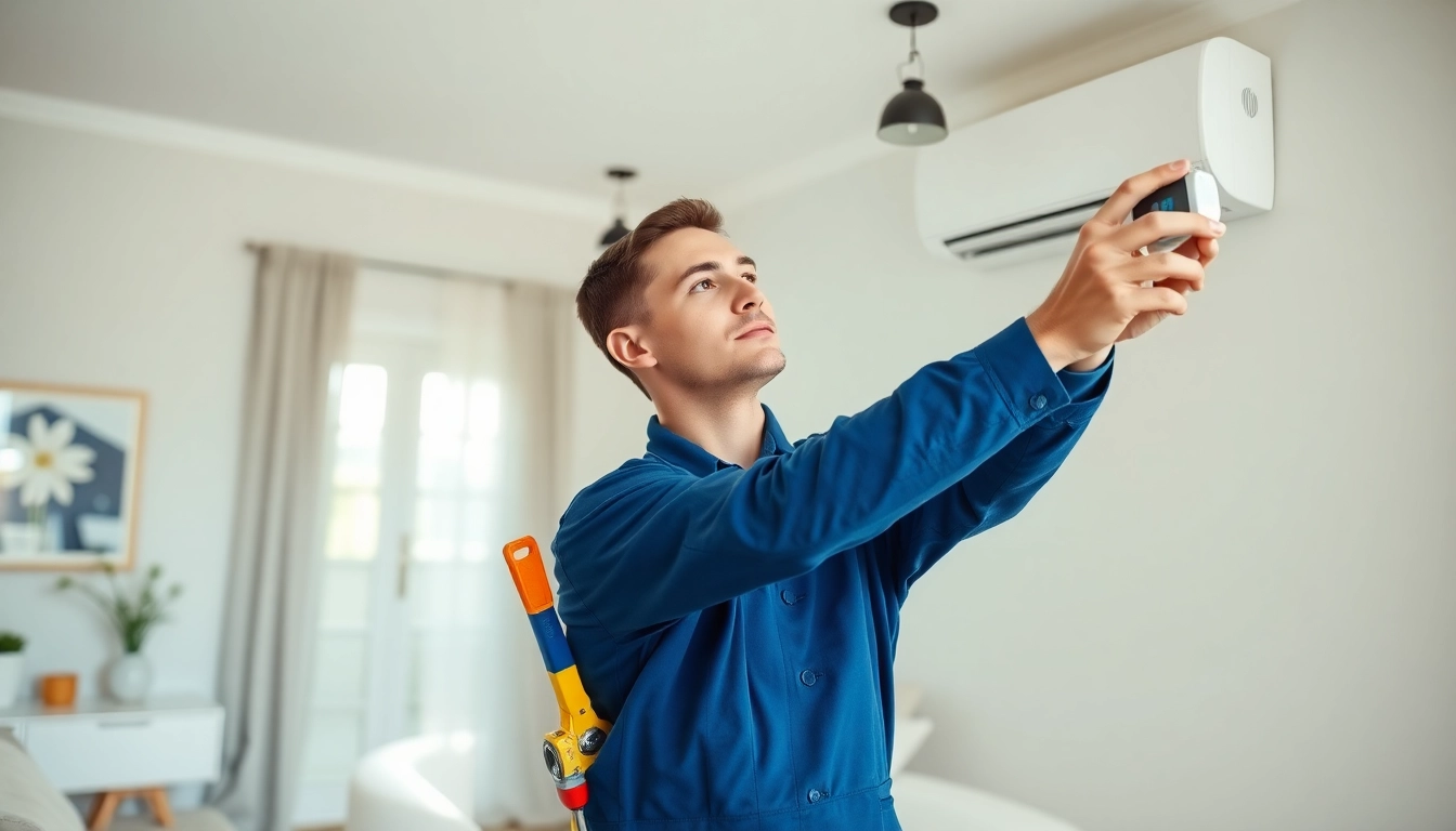 HVAC technician at https://nobleheatingairservices.com analyzing modern thermostat in a home.