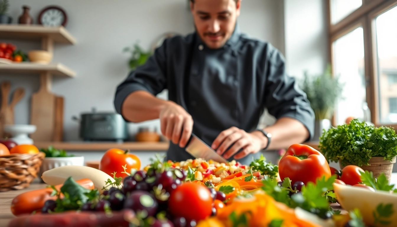 Chef showcasing vibrant cooking techniques at dishfacts.com in a inviting, sunny kitchen setting.