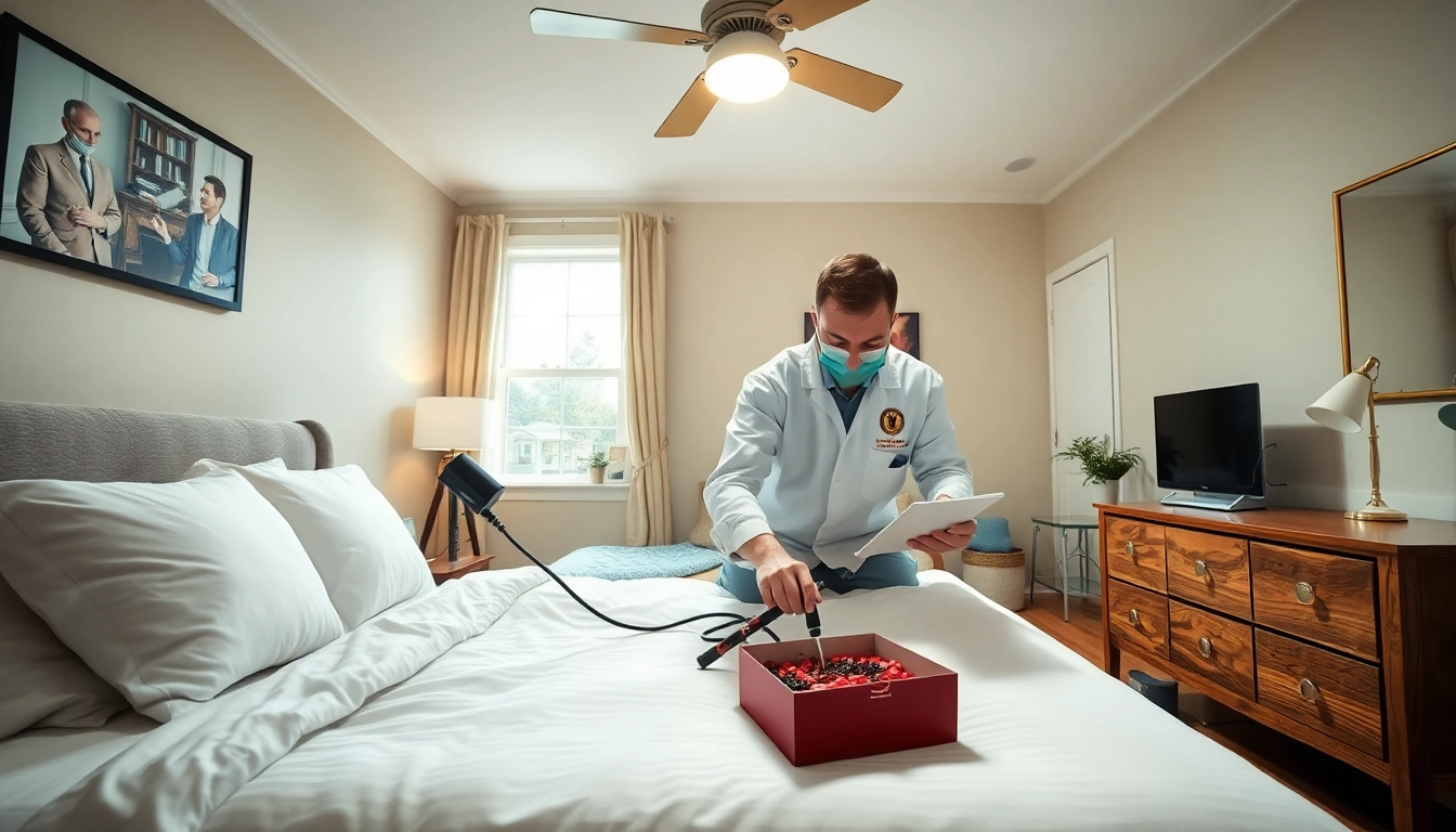 Inspecting for bed bugs at https://affordablebedbugexterminators.com with a professional exterminator in a clean bedroom.