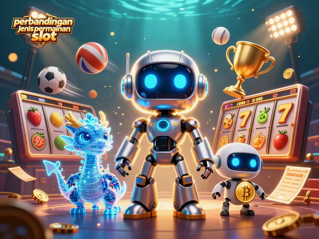 Menggali perbandingan jenis permainan slot yang mengasyikkan dengan ilustrasi robot cyberpunk 3D dan elemen permainan lainnya.