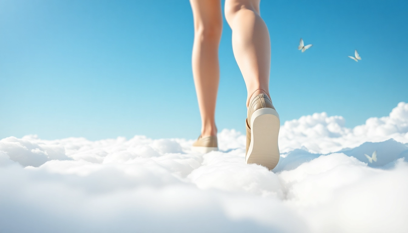 Experience the comfort of Walking on Clouds through stylish footwear amidst fluffy clouds and blue skies.