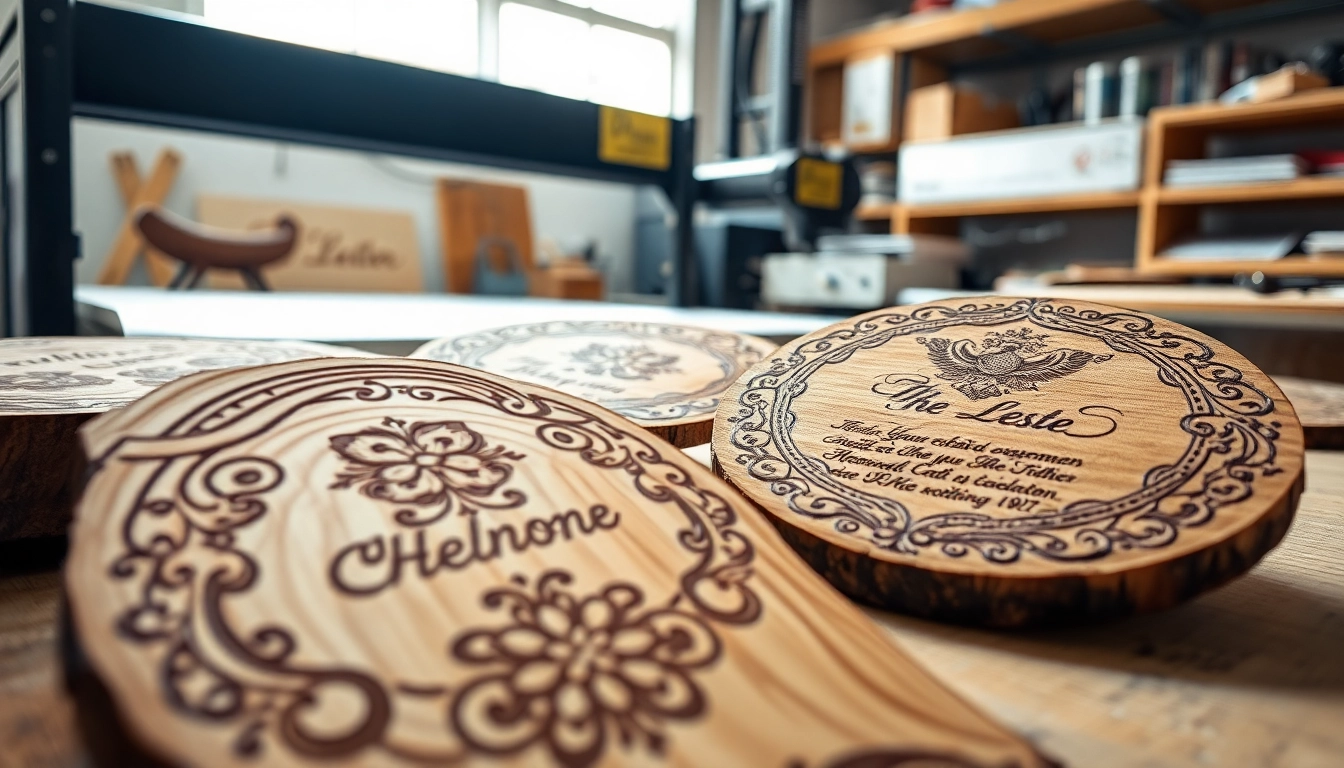 Showcasing intricate laser engraving designs on wood in a well-lit workshop.