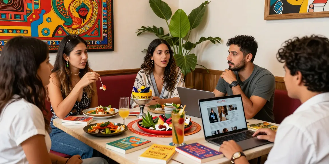 Engaging scene at Hana Dul Talk café featuring diverse people enjoying Asian cuisine while exploring content from https://hanadultalk.com in Spanish.