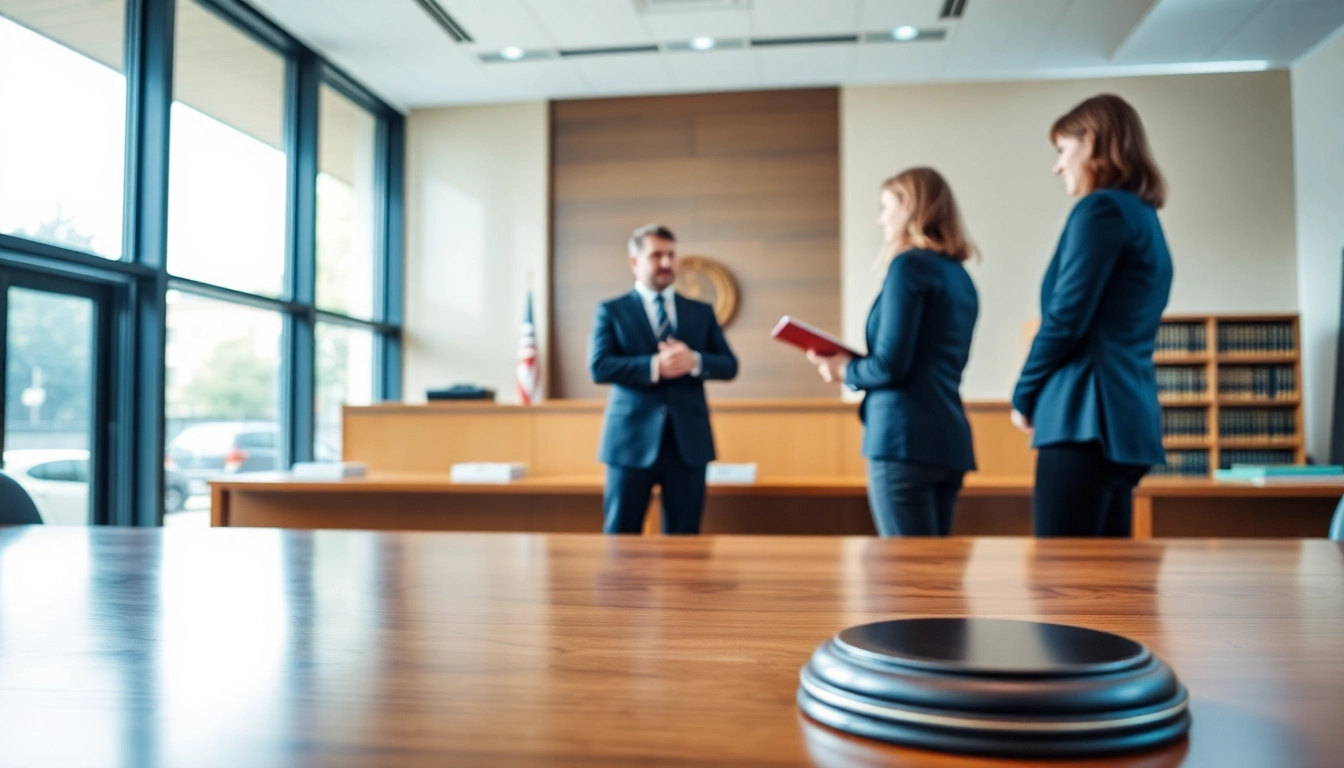 USA lawyers consulting clients in a modern courtroom, showcasing professionalism and trust.