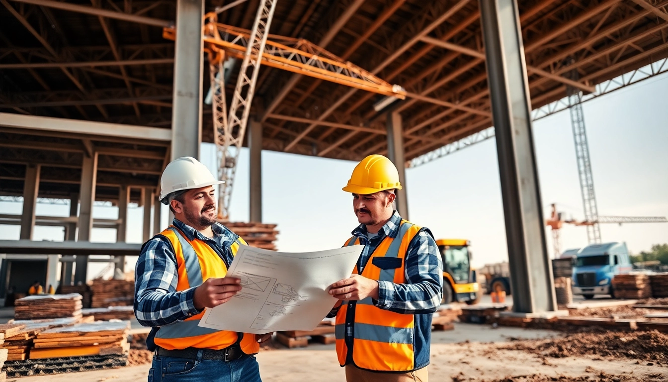 Tennessee construction news highlighting workers examining blueprints on a busy construction site.