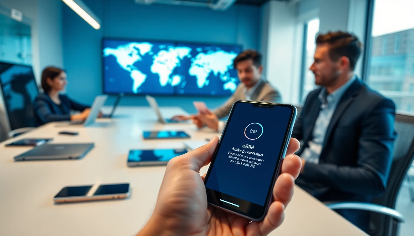 Activate your eSIM on a smartphone using the guide from https://esimfo.com in a modern office.
