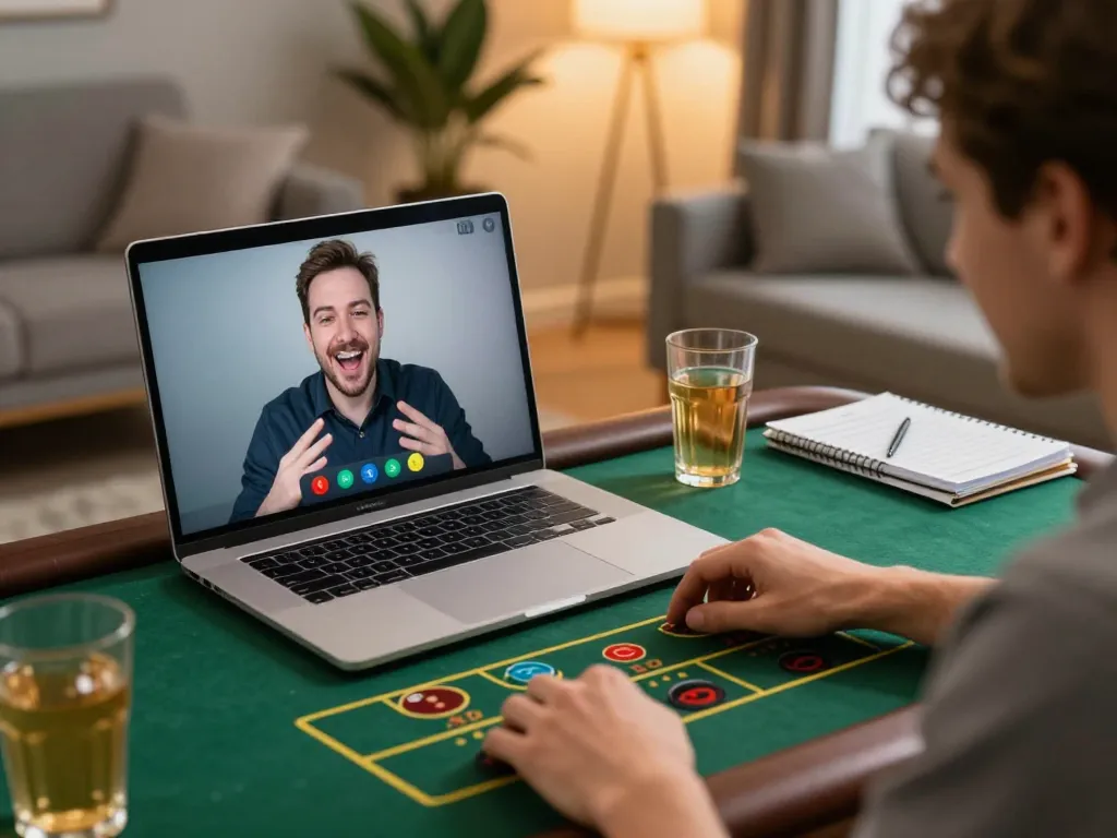 MIG8 user enjoying live dealer games on a laptop in a cozy home environment