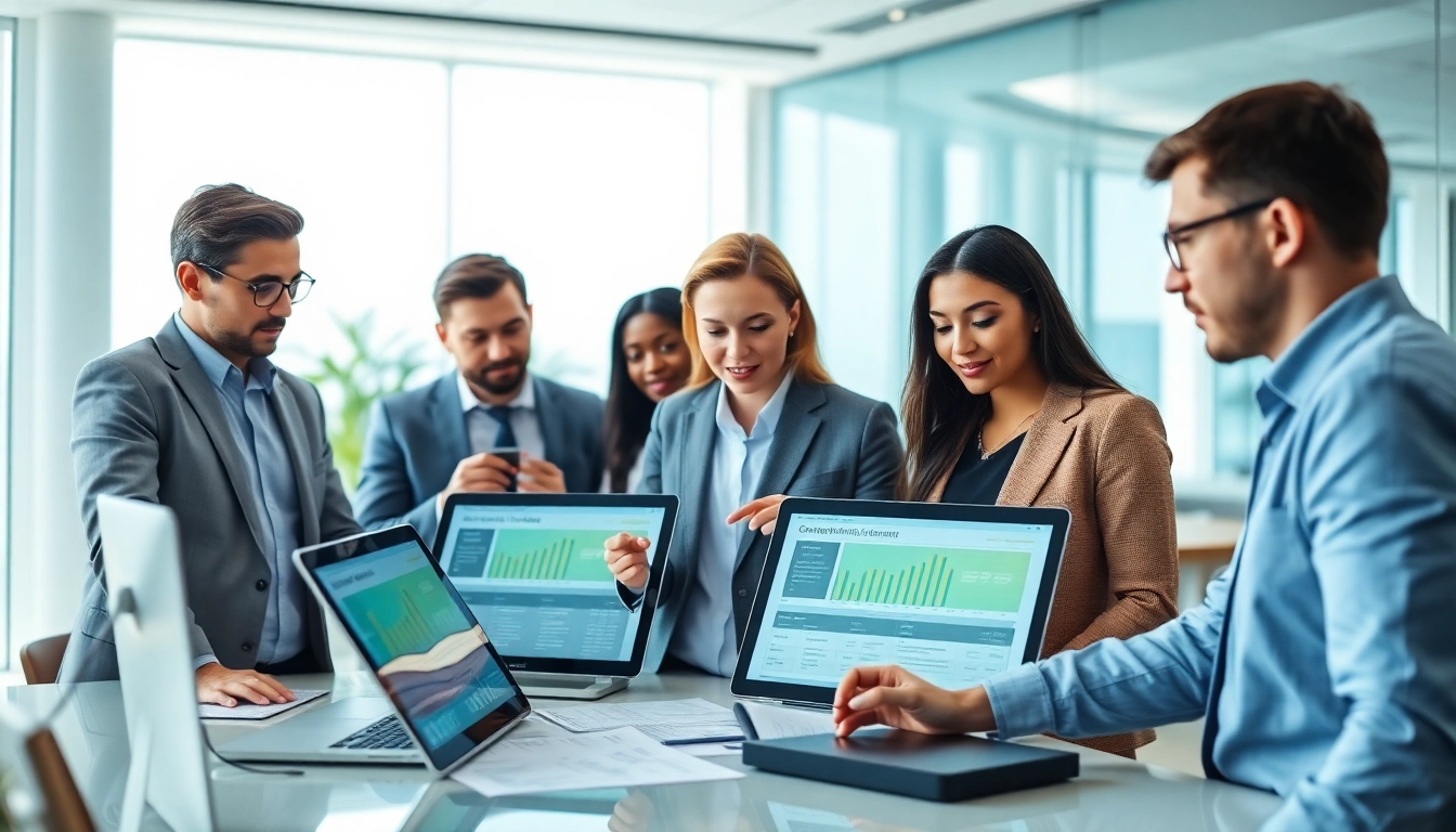 Showcasing an AI powered warranty company with diverse professionals collaborating in a modern office.