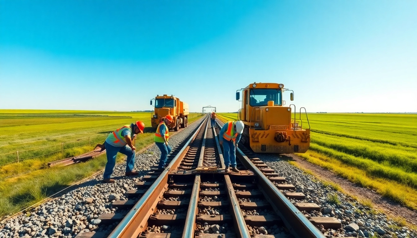 Great Plains rail contractors collaborating on railway construction project.