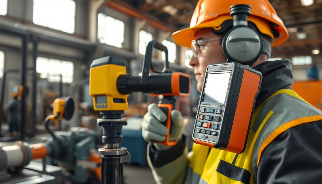 Performing a noise assessment survey with sound level meters in an industrial environment.