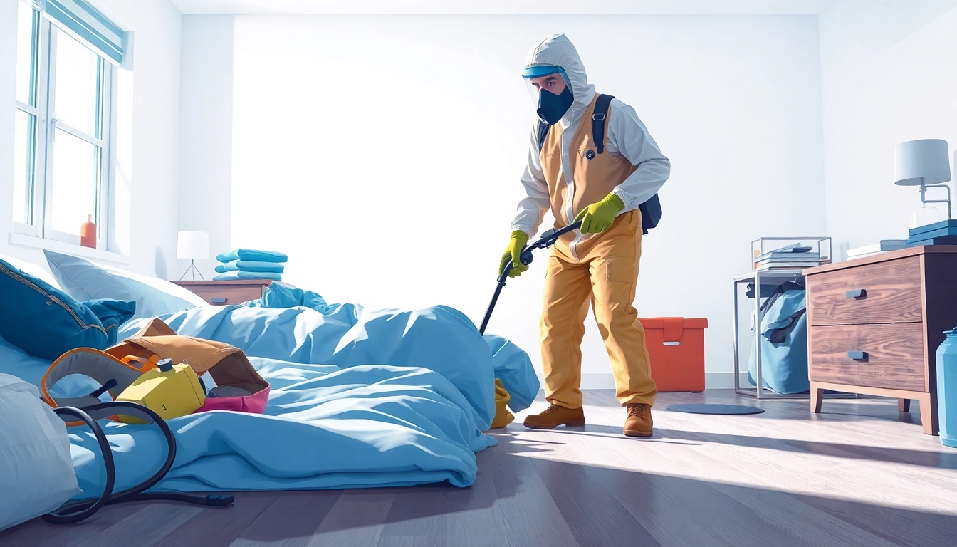 Experienced bed bug exterminator applying eco-friendly treatment in a bedroom setting.
