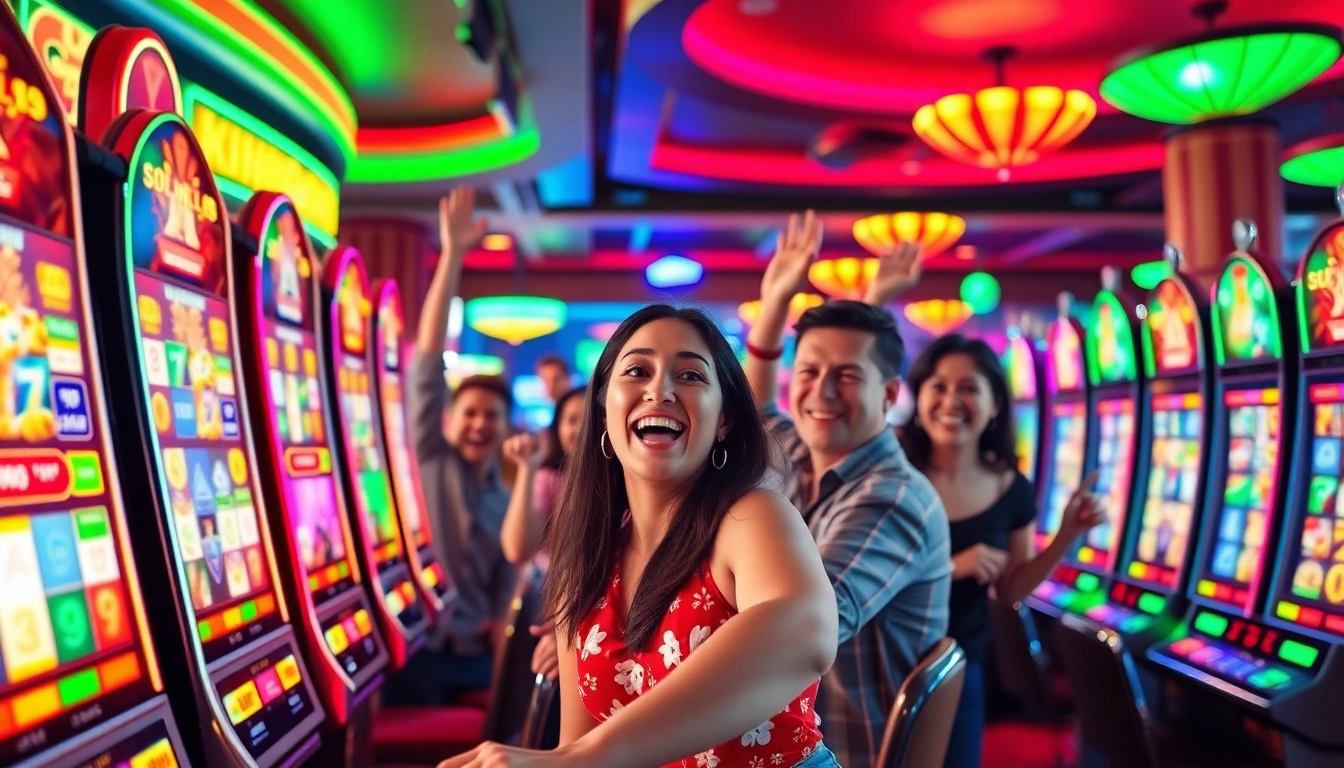 Bermain slot gacor dengan ceria di kasino yang penuh warna dan atmosfer meriah.