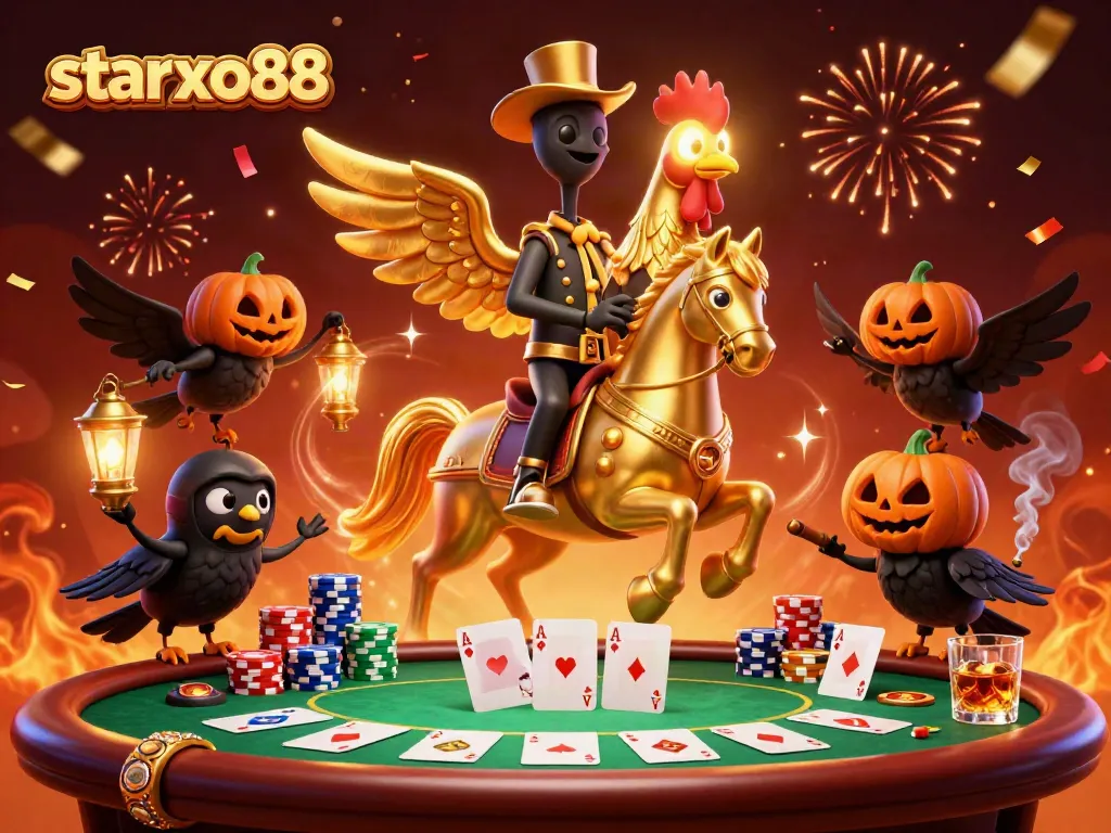 Experience the thrill of starxo88 with an energetic casino scene featuring a unique golden rooster.