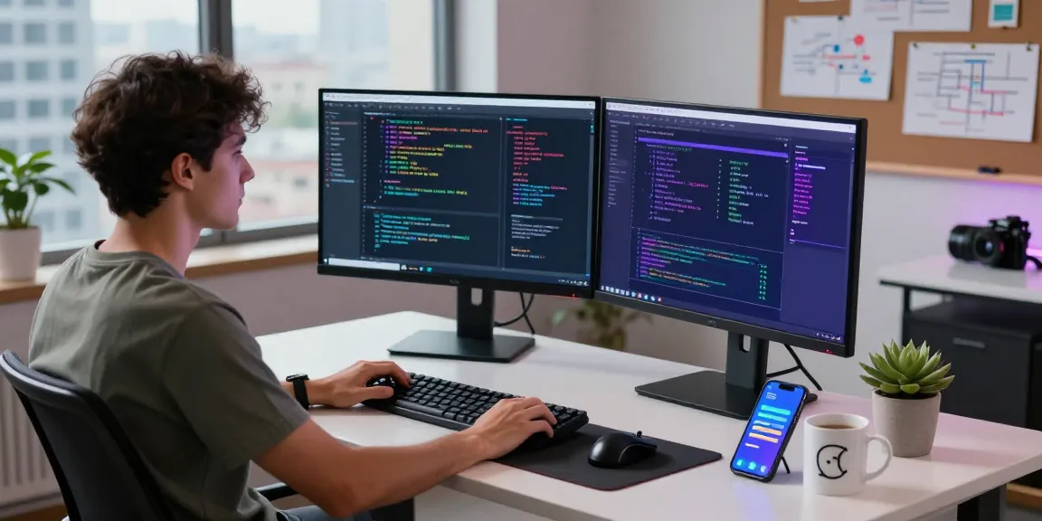 Dynamic software development scene illustrating crush ai in action with dual monitors and coding activities.