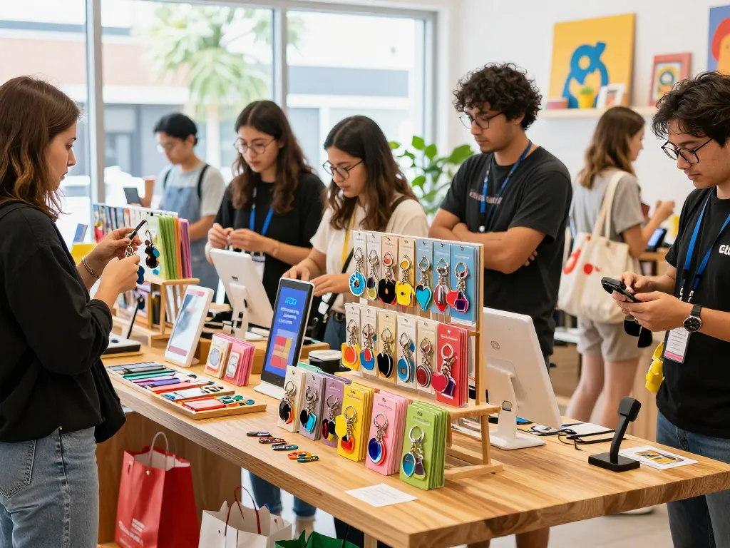 Custom keychains displayed in a vibrant retail space with enthusiastic shoppers exploring unique designs and styles.