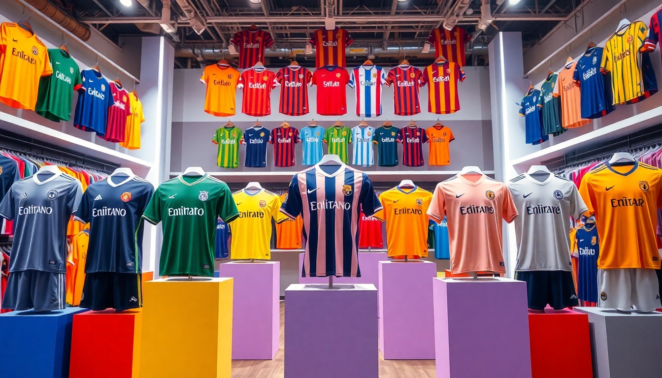 Shop premium football kits and stylish jerseys featured in a vibrant retail display.
