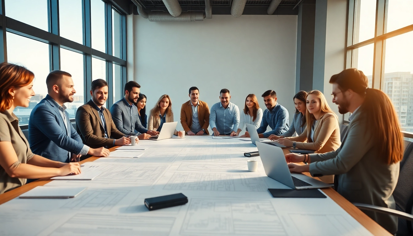 Collaboration among construction association members in a modern meeting space with blueprints.