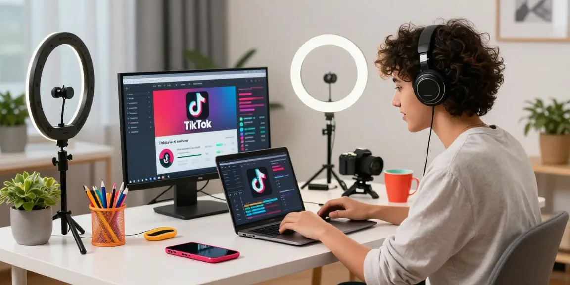 Young influencer creating TikTok content at a stylish workspace, illustrating how to buy TikTok followers.