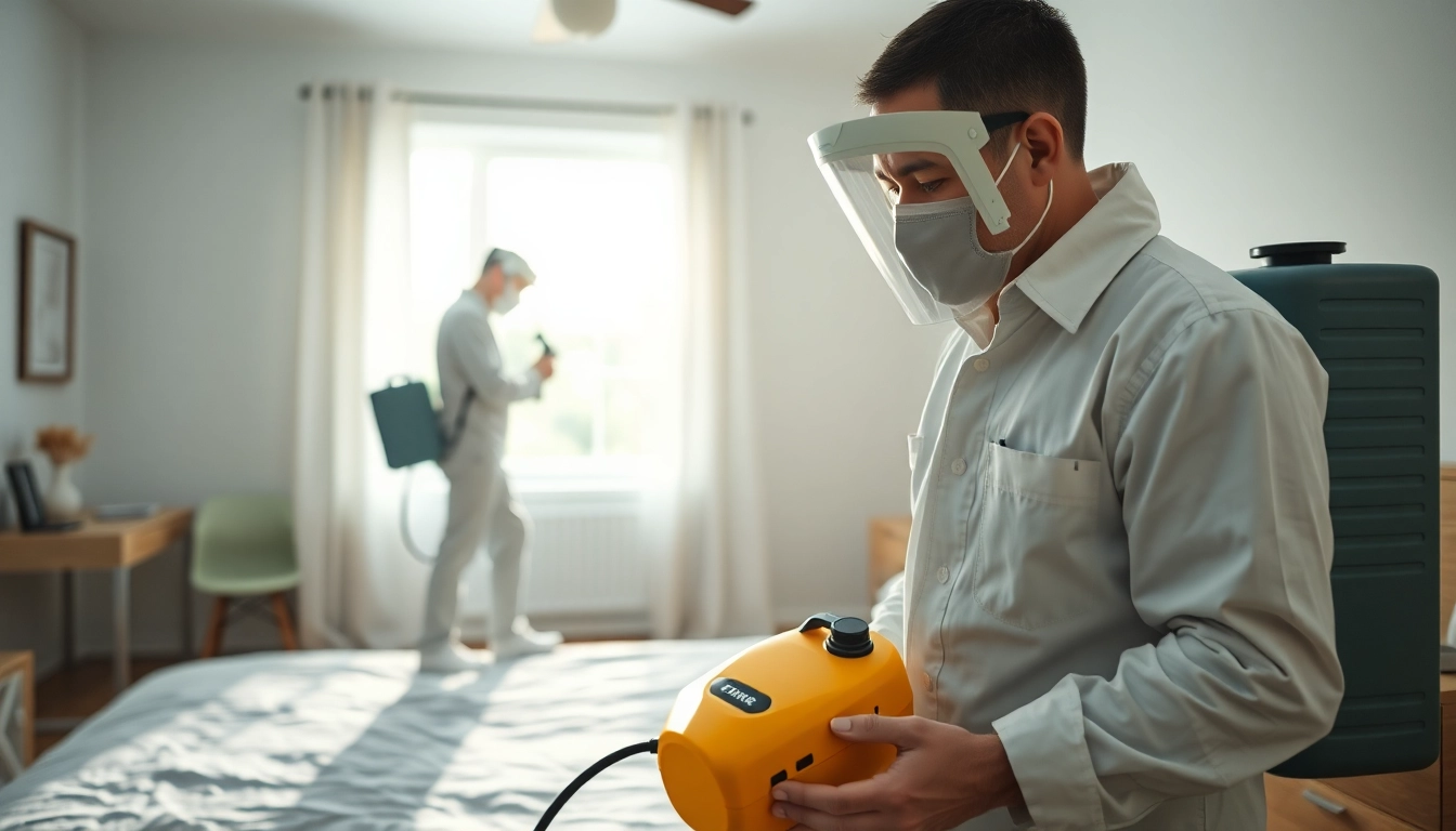 Bed bug exterminators using advanced equipment to treat a residential bedroom effectively.