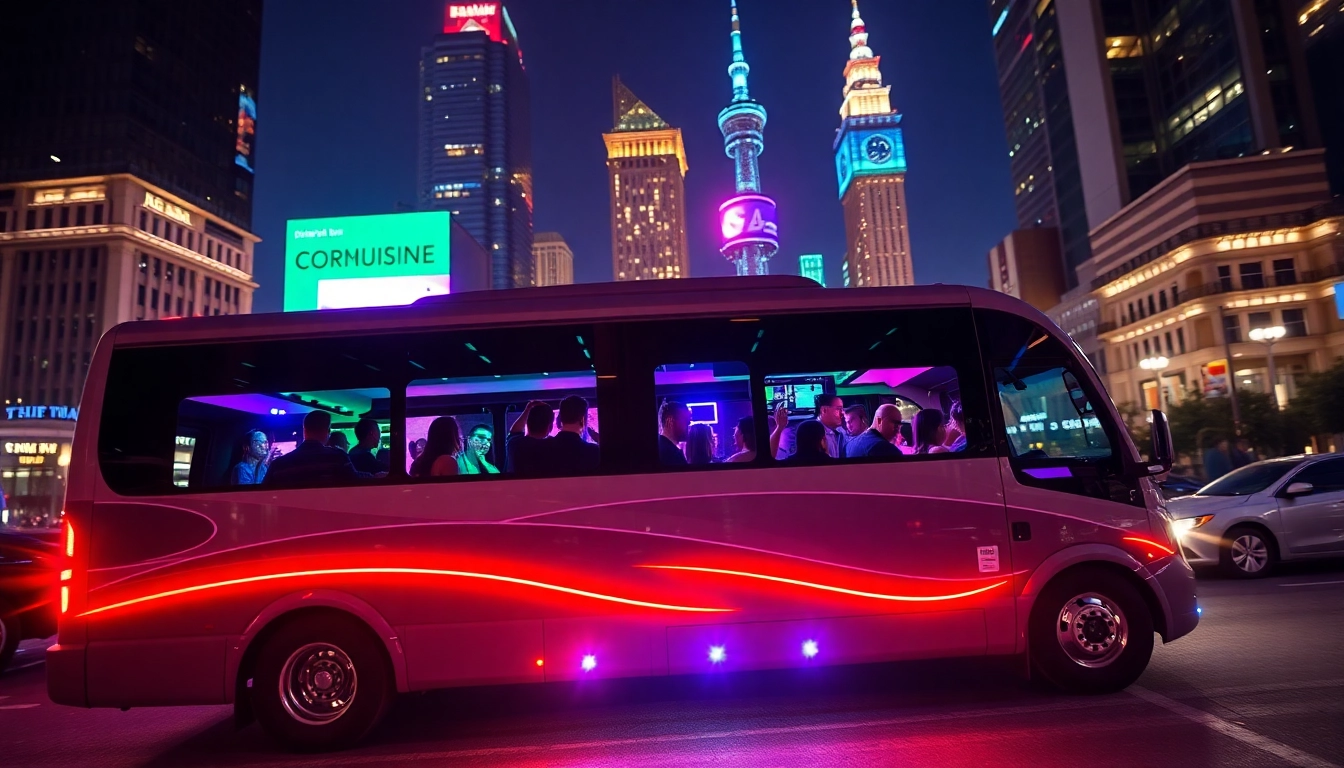 Party bus hire UK experience with lively interior and city lights.